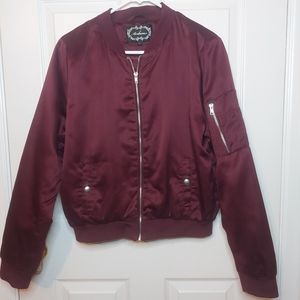 Ambiance Maroon Red Bomber Flight Jacket Retro Full Zip Sporty Puffer Size L